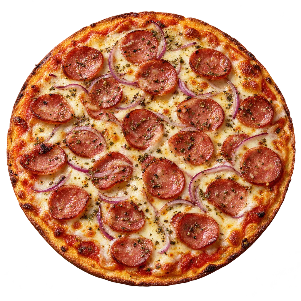 Pizza de calabresa com queijo derretido e borda dourada, imagem ilustrativa
